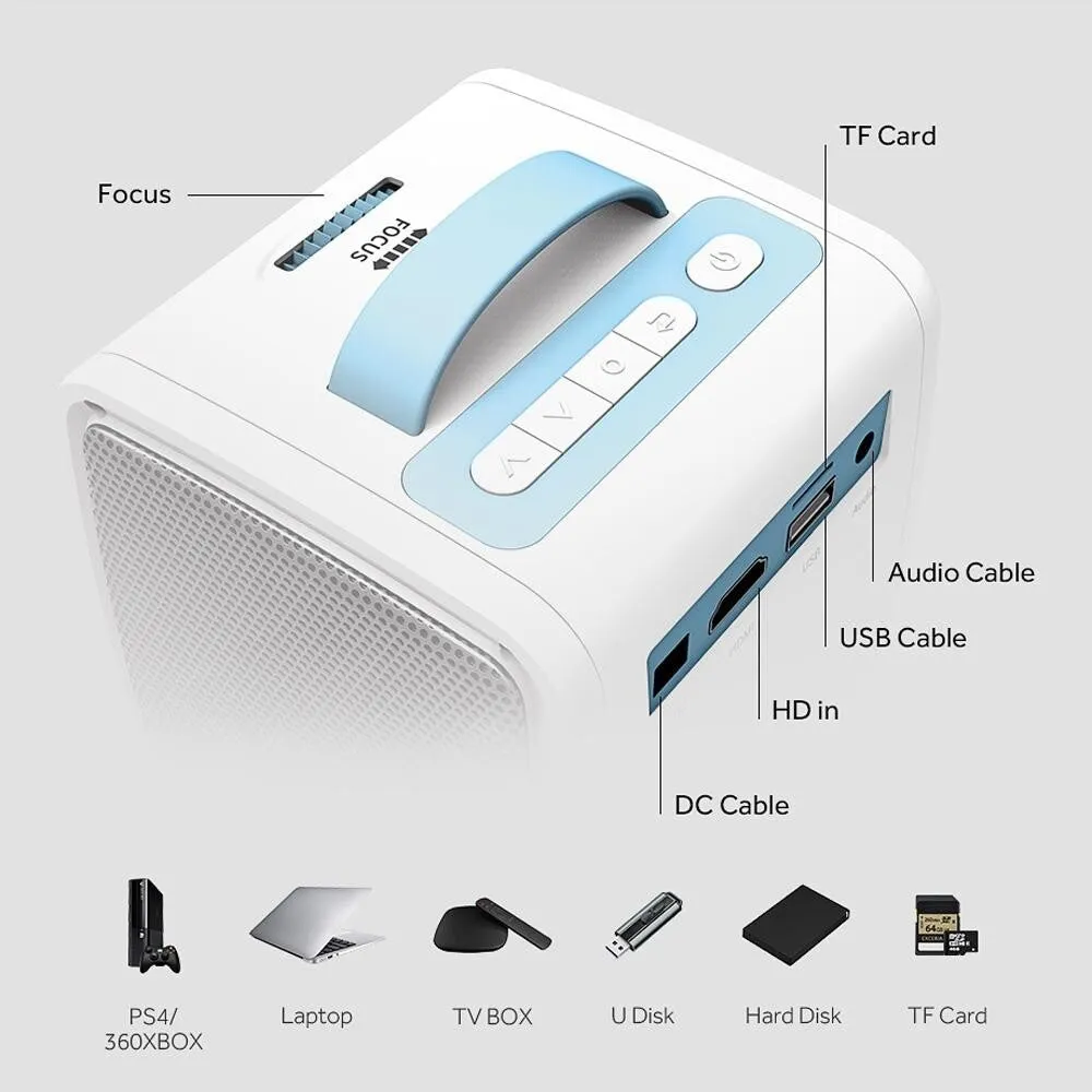 10W Children Video Projector | 30 Lumens | HD 1080P | LCD Technology | Supports AV, USB, Mini SD, HDMI, Audio | White | Blue