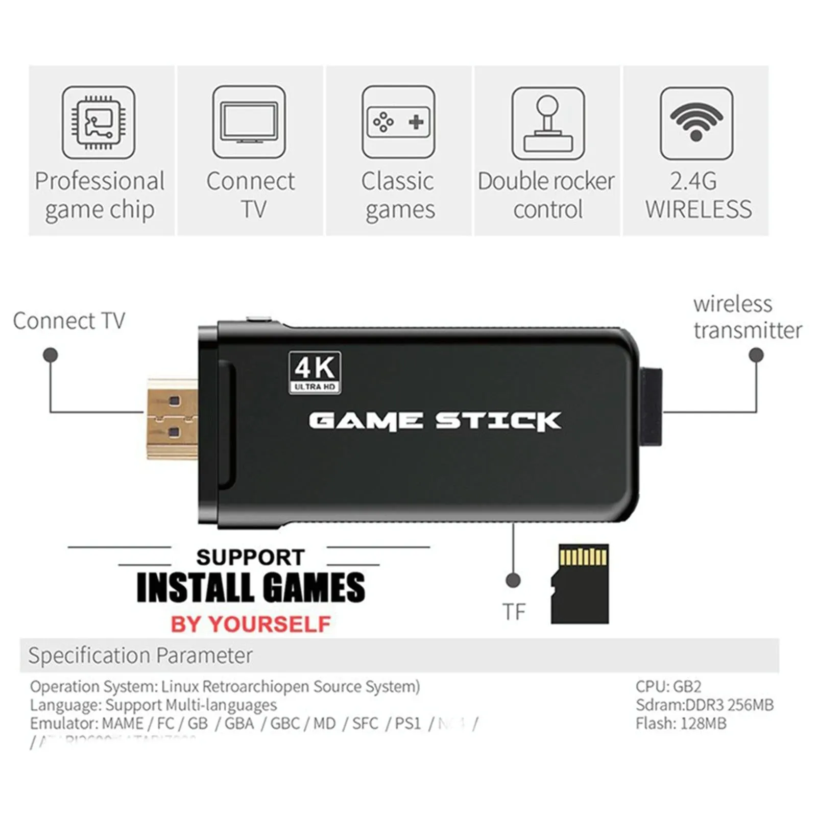 32GB 4K Retro Game Stick   2 Wireless Gamepads & 3000 Games