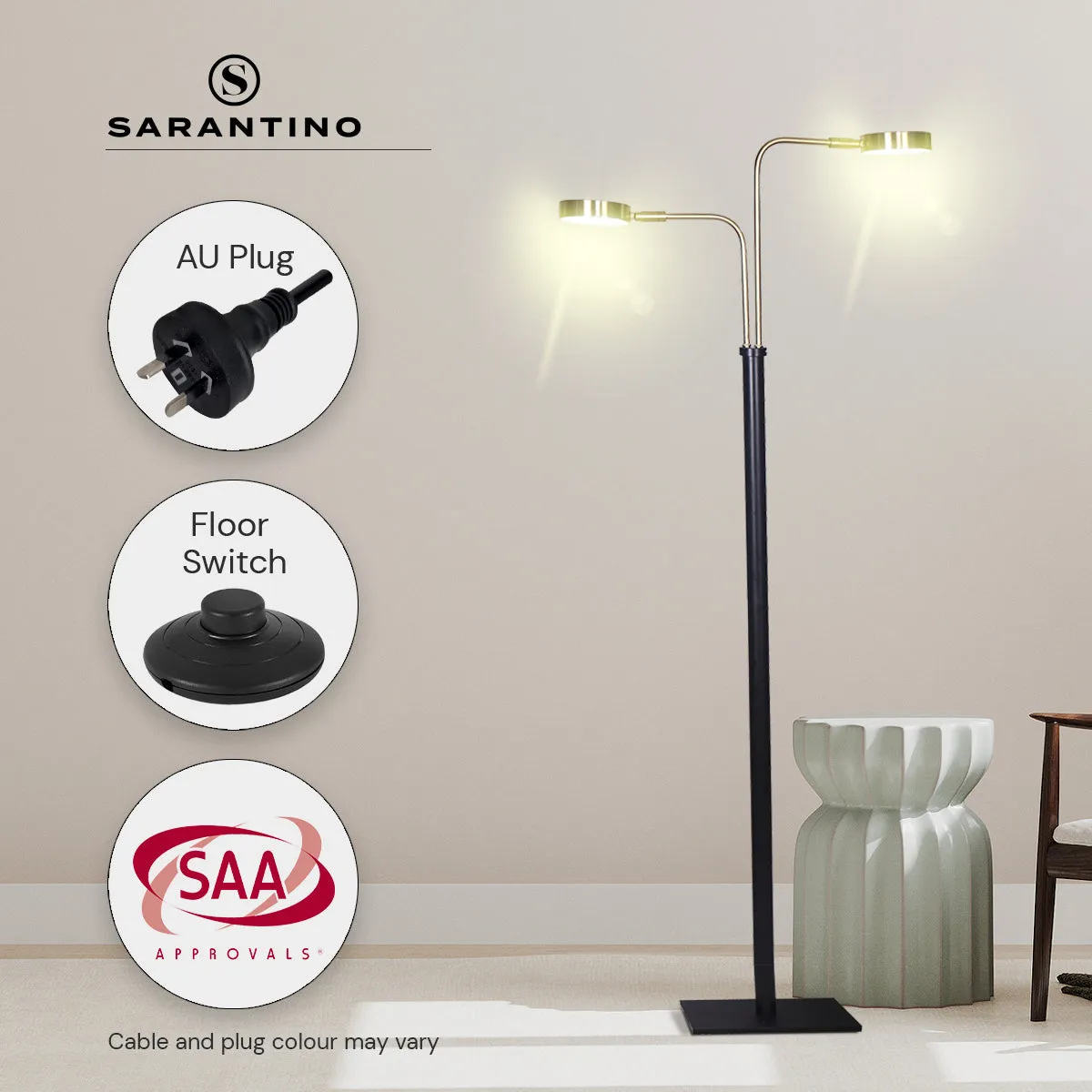 Adjustable 2-Light LED Metal Floor Lamp, Brushed Gold & Black Finish