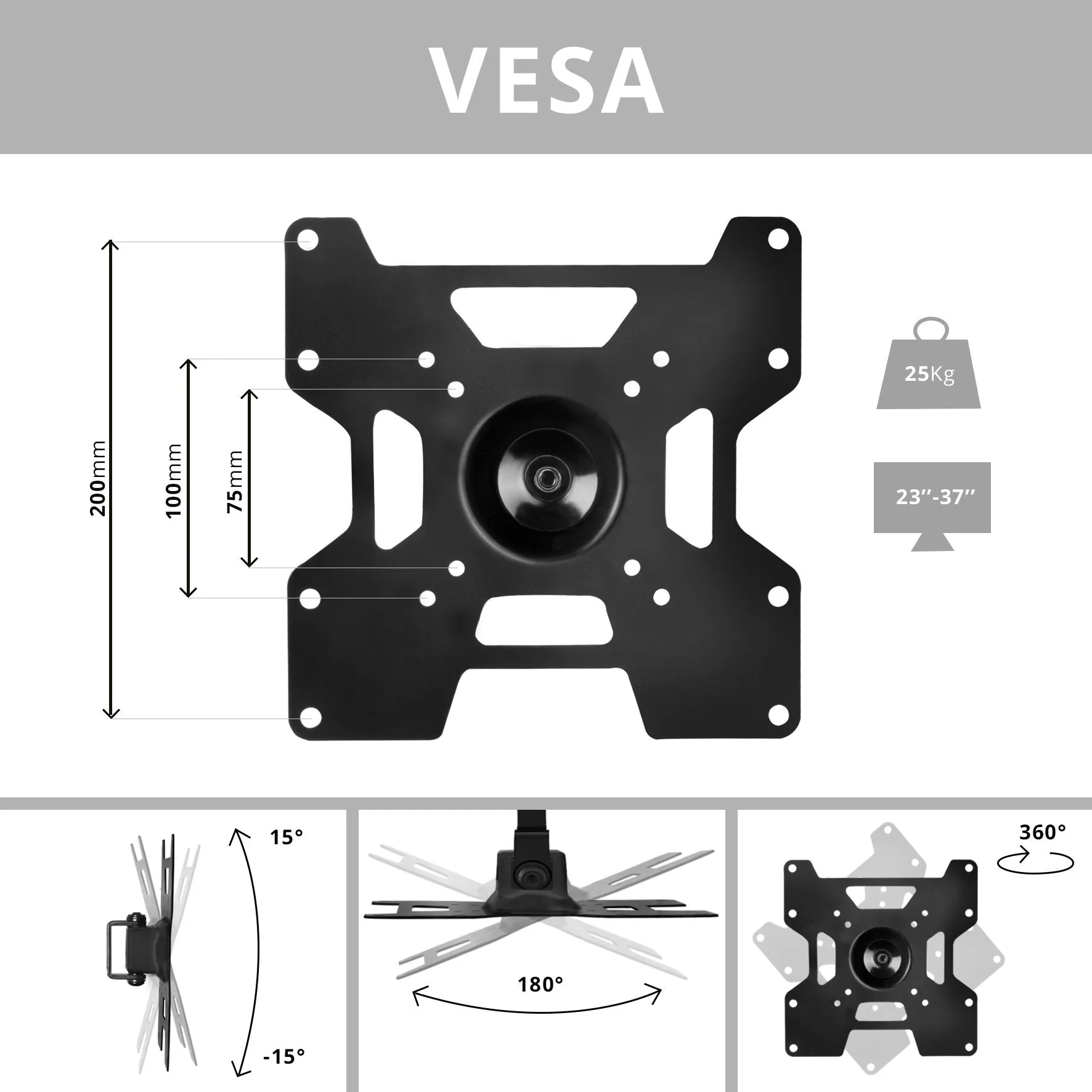 Duronic TVB1135 TV Bracket, Cantilever Wall Mount for 23-37" Television Screen, Tilting Action  15°/-15, Fits up to 200x200mm, For Flat Screen (25kg)