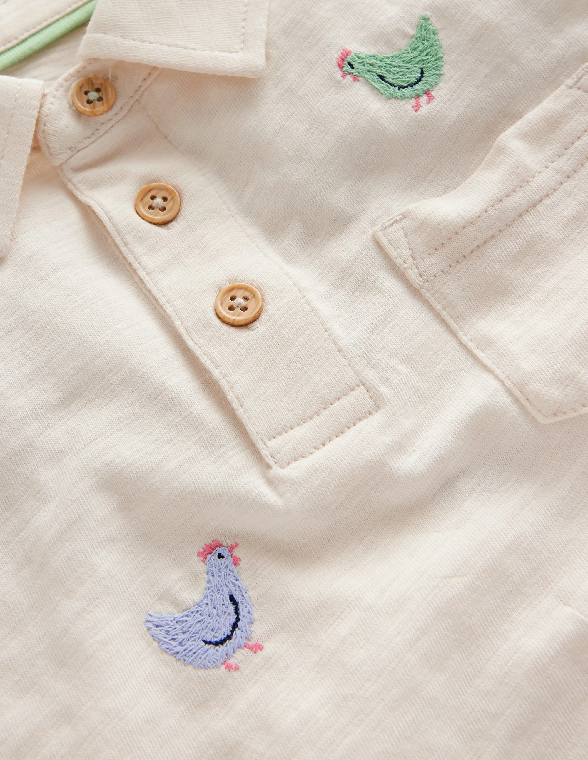 Embroidered Slub Polo Shirt-Ivory Chicken Embroidery