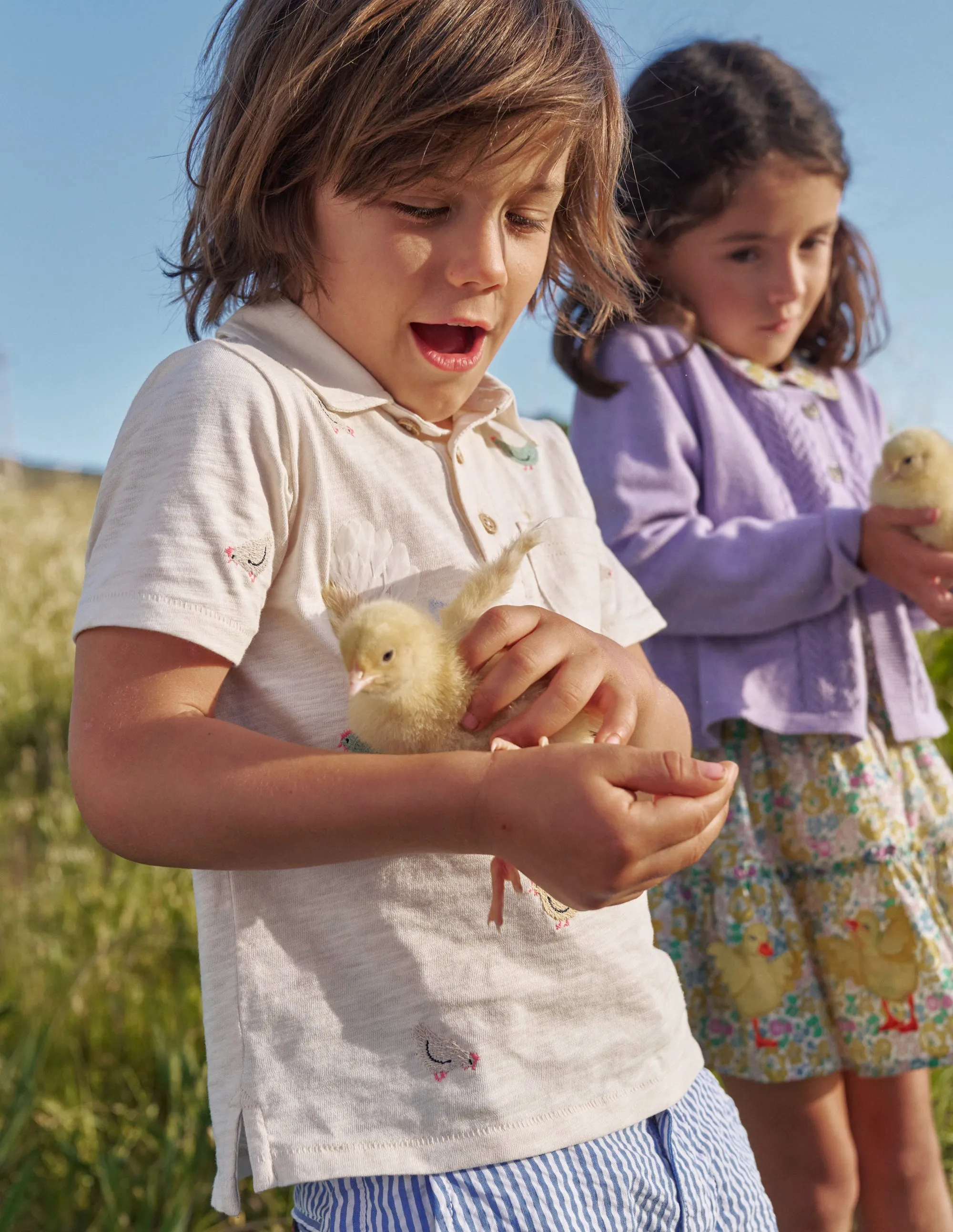Embroidered Slub Polo Shirt-Ivory Chicken Embroidery
