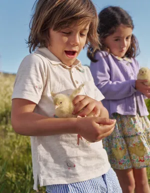 Embroidered Slub Polo Shirt-Ivory Chicken Embroidery