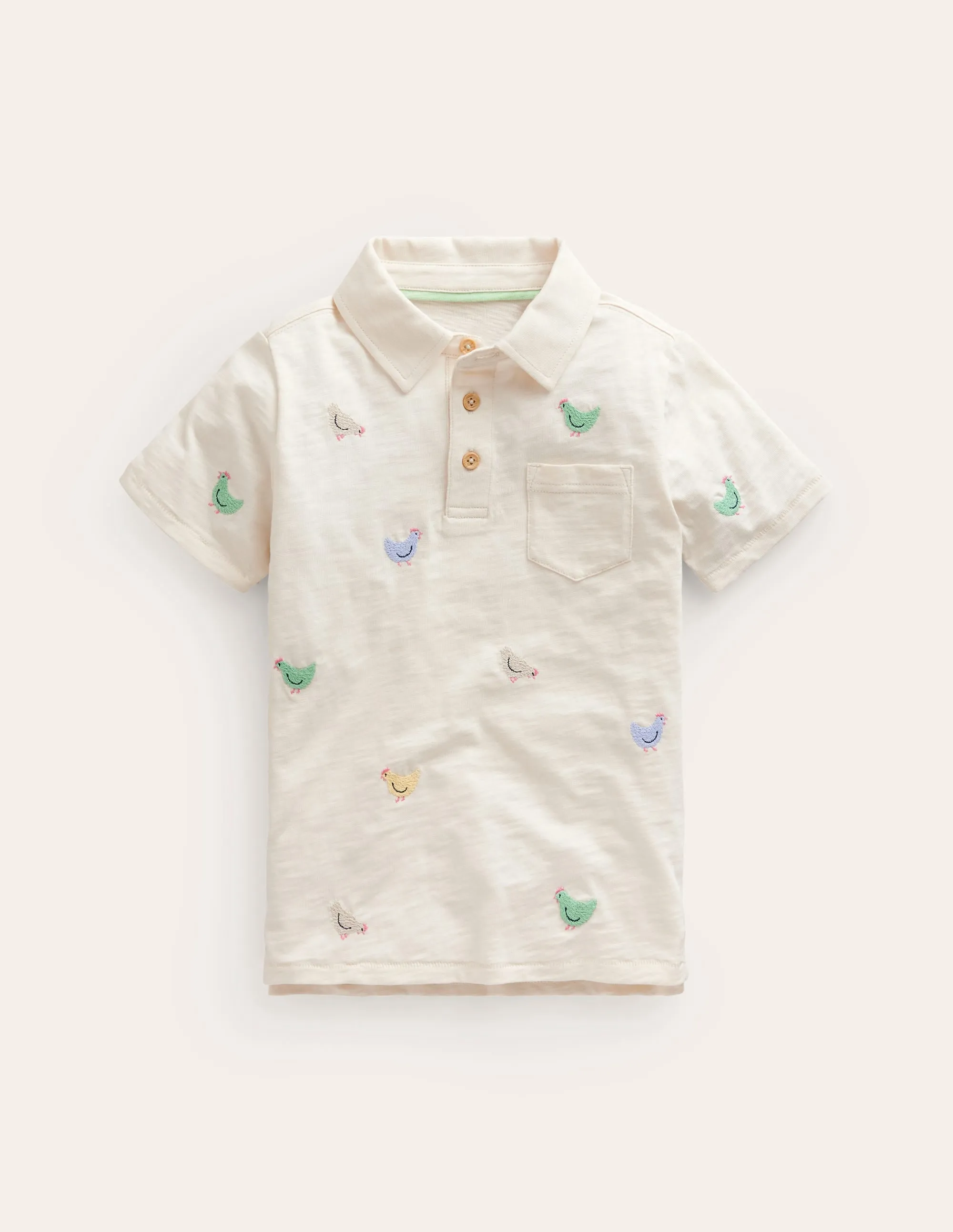 Embroidered Slub Polo Shirt-Ivory Chicken Embroidery