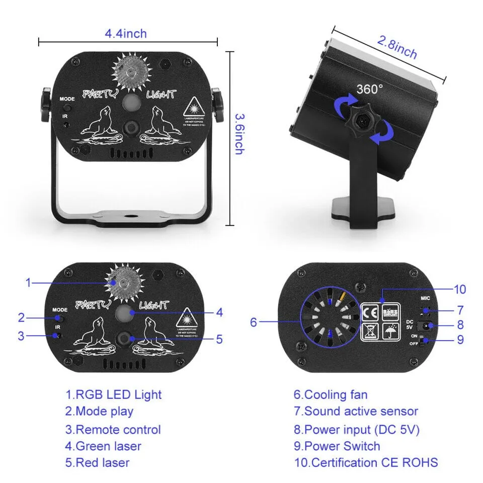 SMAXPro™ Party Stage Light: 480 Color Patterns, LED Laser Projector, DJ/Disco